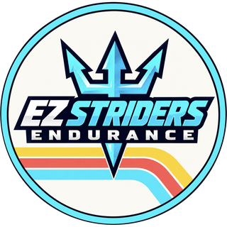 EZ Striders Endurance team logo: a cyan trident above the EZ Striders Endurance wordmark with yellow, coral and turquoise racing stripes